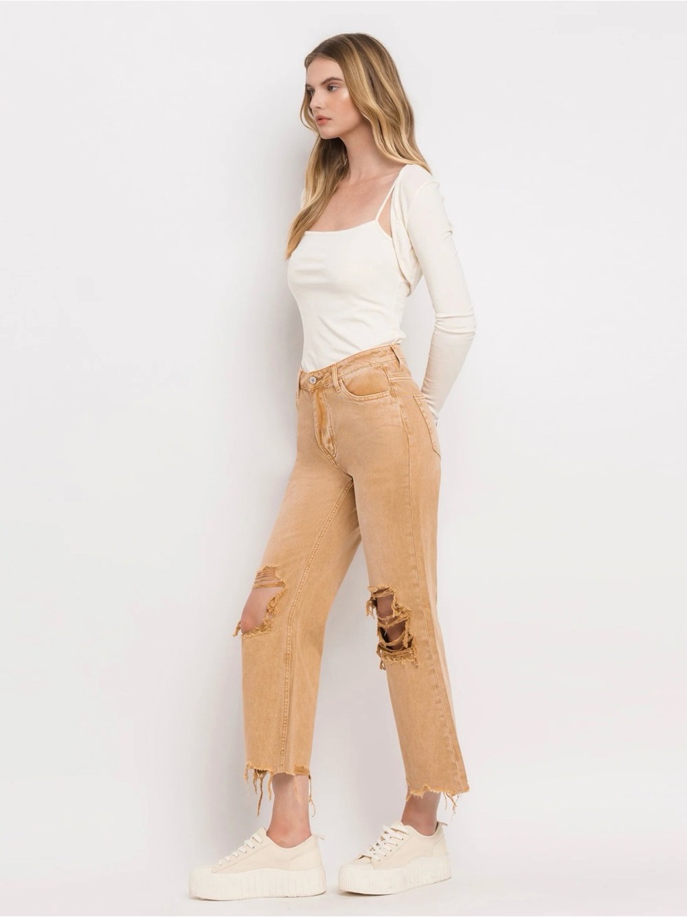 Vervet Kiss of California Crop Flare Distressed Jeans Tan Size 27 NWT - Picture 11 of 11